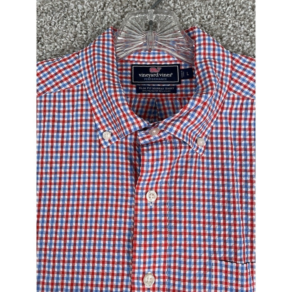 Vineyard Vines Shirt Mens Large Red Blue Performance Seersucker Slim Fit Murray - Picture 2 of 8